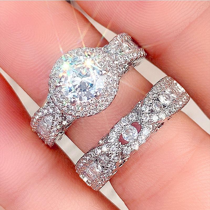 2Pcs/Set Fashion Copper Color Rhinestone Zircon Rings For Women Full Crystal Rings Wedding Engagement Jewelry Anniversary Gifts