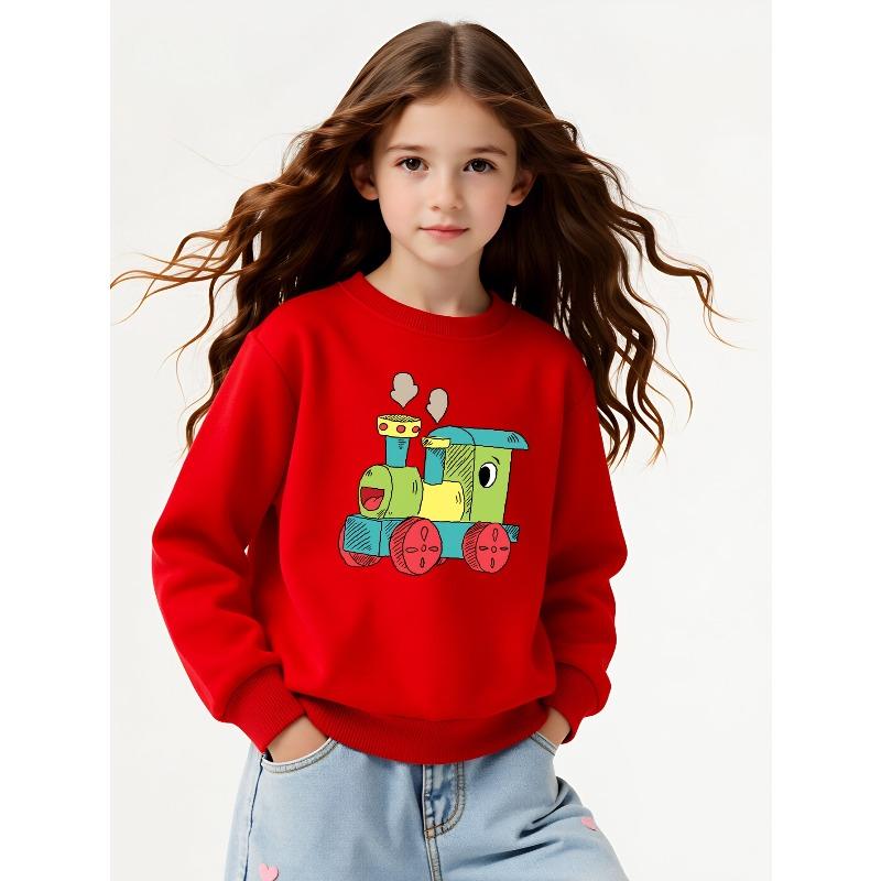 Kids Crewneck Sweatshirt, Colorful Toy Train Engine Graphic Print,Spring Autumn Casual Sport Tops