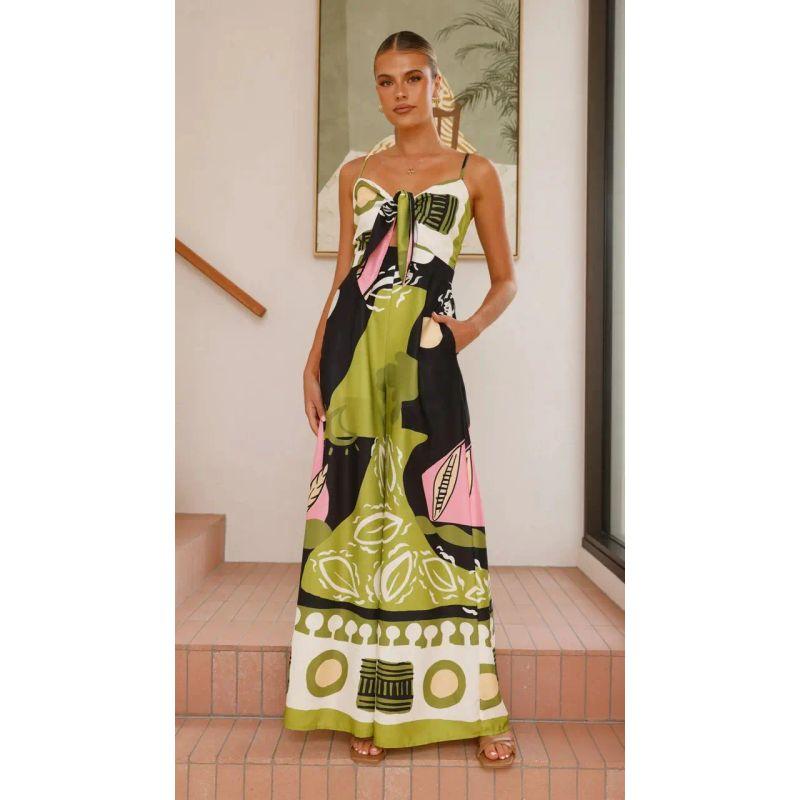 

Fashion 2025 New Waist Smocking Suspender Knotted Wide Leg Straight Jumpsuit Wide Leg Jumpsuit Green XL