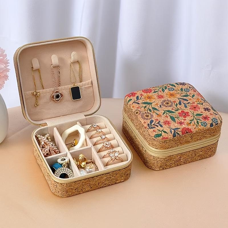 

Vintage European Floral Print Cork Jewelry Box - Zipper Closure, Multi-Compartment Soft-Lined Interior for Travel & Home Decor Storage, Jewelry Boxes Sunflower Sea