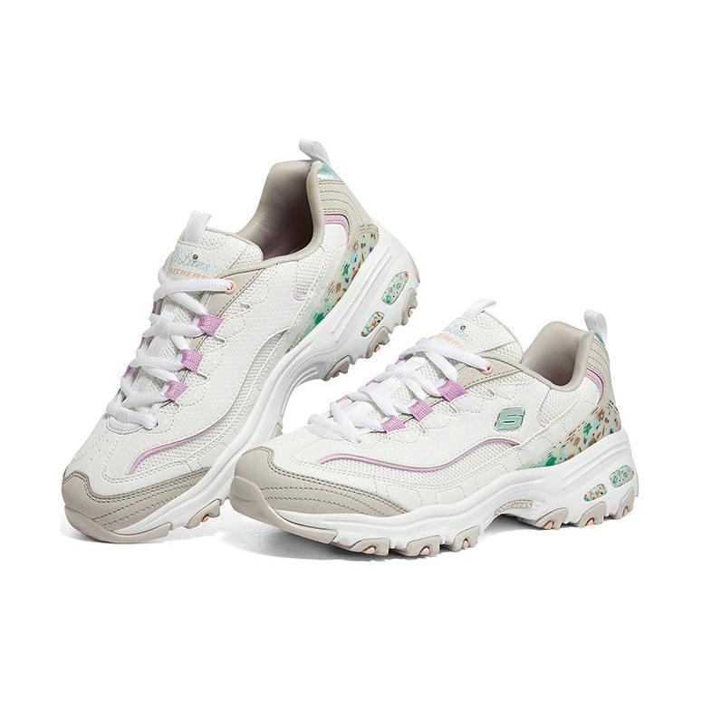 Skechers D'Lites 1.0 Leather, Mesh Lace Up Low Top Chunky Sneakers Women's White Gray Pink 149642-WMLT