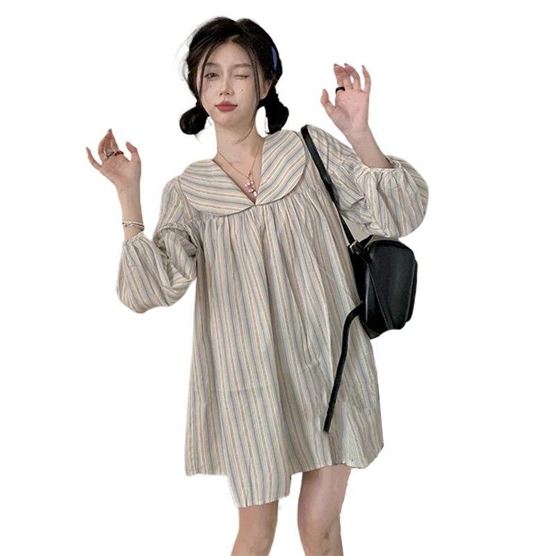 Striped Women's Shirt Multi Colored Peter Pan Collar Lantern Sleeves Long Blouse Korean Style Spring New Loose Casual Cute Version Female Top