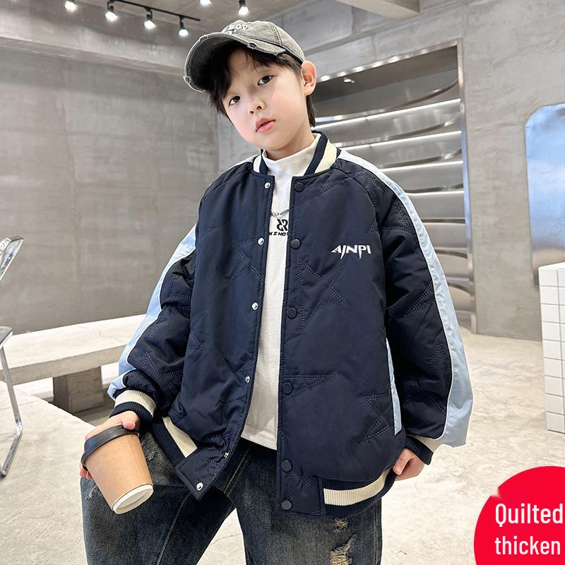 Gepolsterte doppellagige Baumwoll-Baseballjacke für Jungen - Herbst/Winter 2025, Verdickt für mittelgroße bis große Kinder