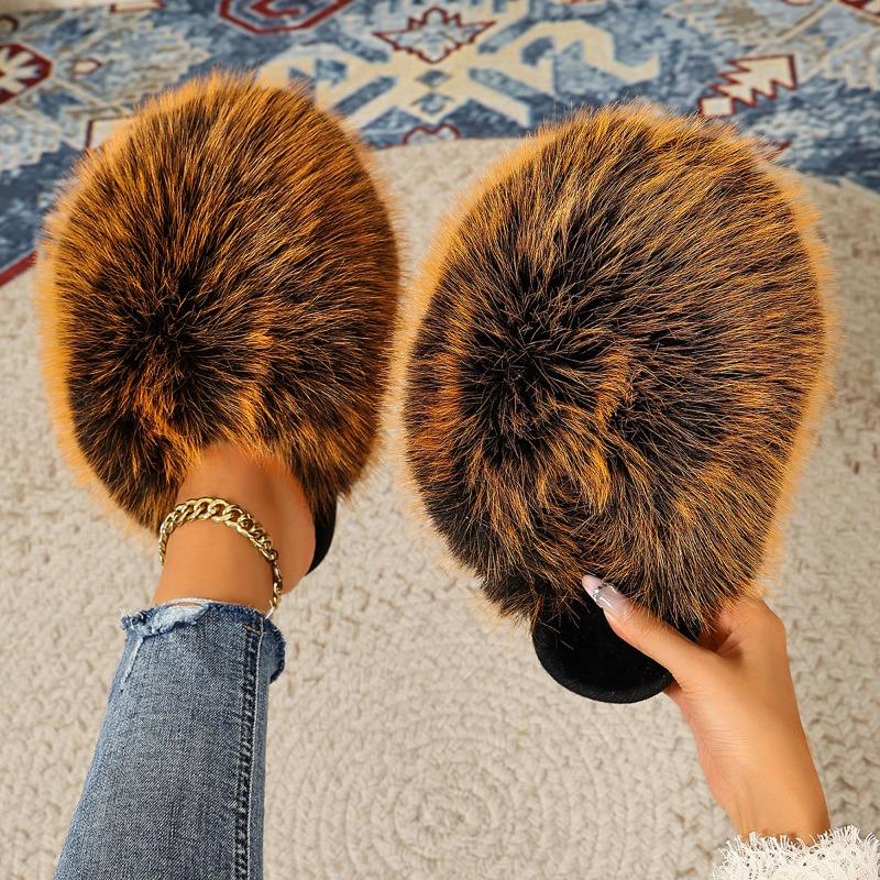 Autumn and winter imitation fox hair leopard print slippers women's warm fluffy plush cotton slippers