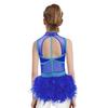 Girls Jazz Latin Dance Costume Shiny Rhinestones Color Block Leotard with Feather Skirt Sleeveless Cutout Back
