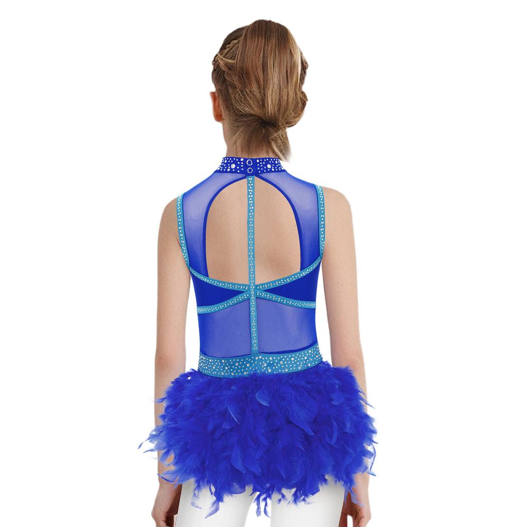 Girls Jazz Latin Dance Costume Shiny Rhinestones Color Block Leotard with Feather Skirt Sleeveless Cutout Back