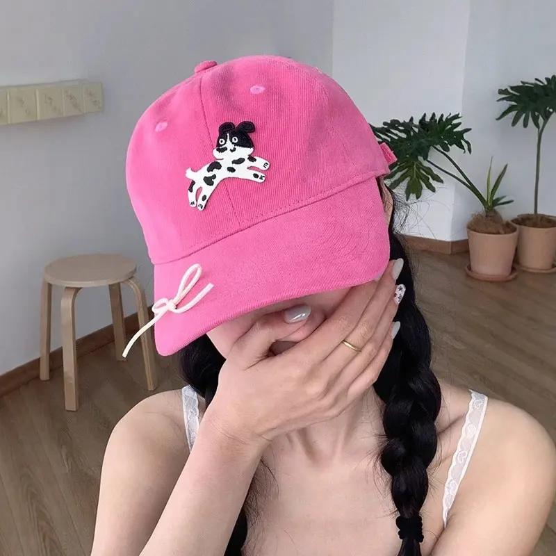 Cute Dog Baseball Cap For Women Outdoor Sunshade Duck Tongue Caps Sweet Bow Peaked Hat Big Brim Adjustable Girl Sunscreen Visors