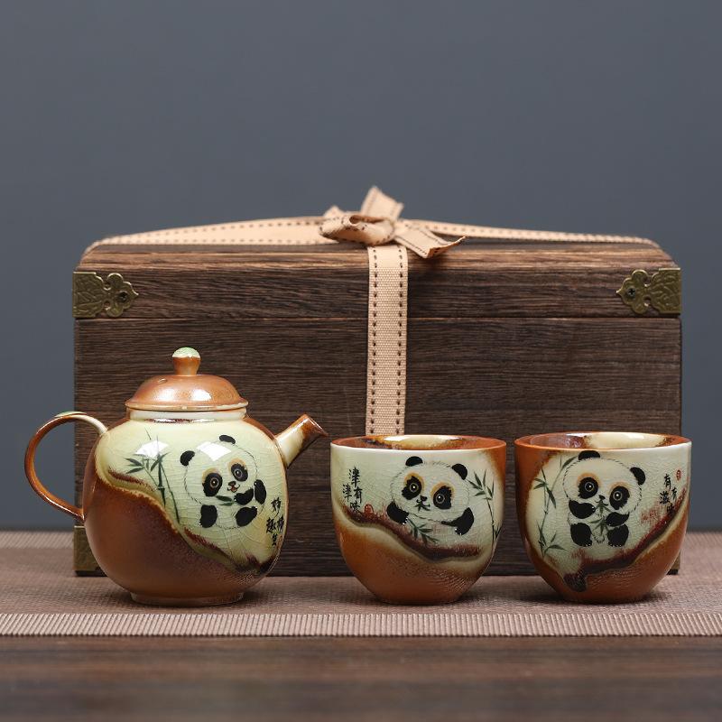 Hand-painted panda tea set, light luxury outdoor travel ceramics, one pot and two cups, gifts for public relations when the company opens