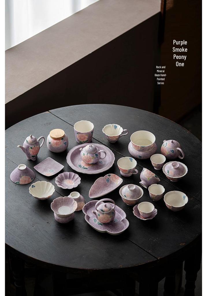 Hand-painted Peony Ceramic Tea Set: Purple Smoke Teapot, Lid Bowl, Master Cup, Tasting Cup, Pot Stand, Cup Mat, Coffee Cup