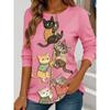 Women's Long-Sleeve T-Shirt for Autumn, Cat Climbing Rope Print Street Style Casual Crew Neck Pullover Loose Fit Outdoor T-Shirt