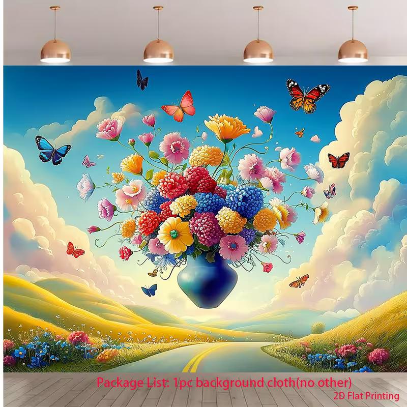 

2D Whimsical Backdrop Floating Vase with Multicolor Flowers and Butterflies Background 47.2x31.5inch/120*80cm