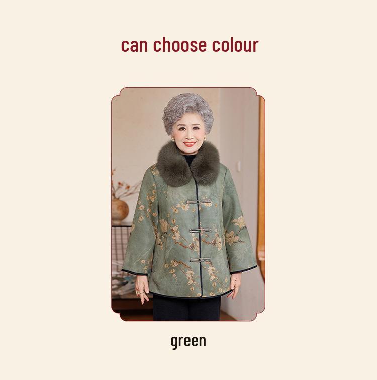 Chinese National Style Fur-Collared Winter Jacket for Middle-Aged and Elderly Women