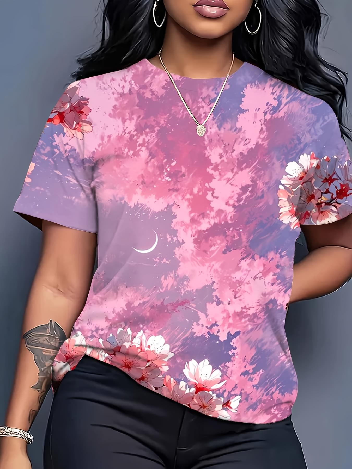 

Women s Casual T-Shirt- Lightweight Everyday T-shirt with Dropped Shoulder Sleeves. Soft Pink and Purple Floral Pattern. Loose Fit Round Neck Top. Sui M дубильная кора