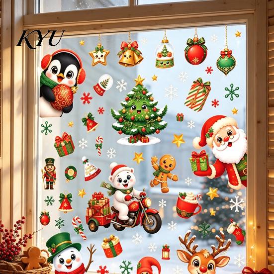 Childlike Holiday Atmosphere Props 6Pcs Christmas Window Cling, Santa Snowman Penguin Reindeer Static Glass Gift for Kids Decals Storefront,