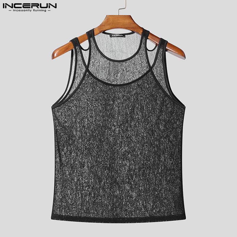 INCERUN Maiouri de petrecere transparente din plasă cu aspect de două piese false fără mâneci pentru bărbați