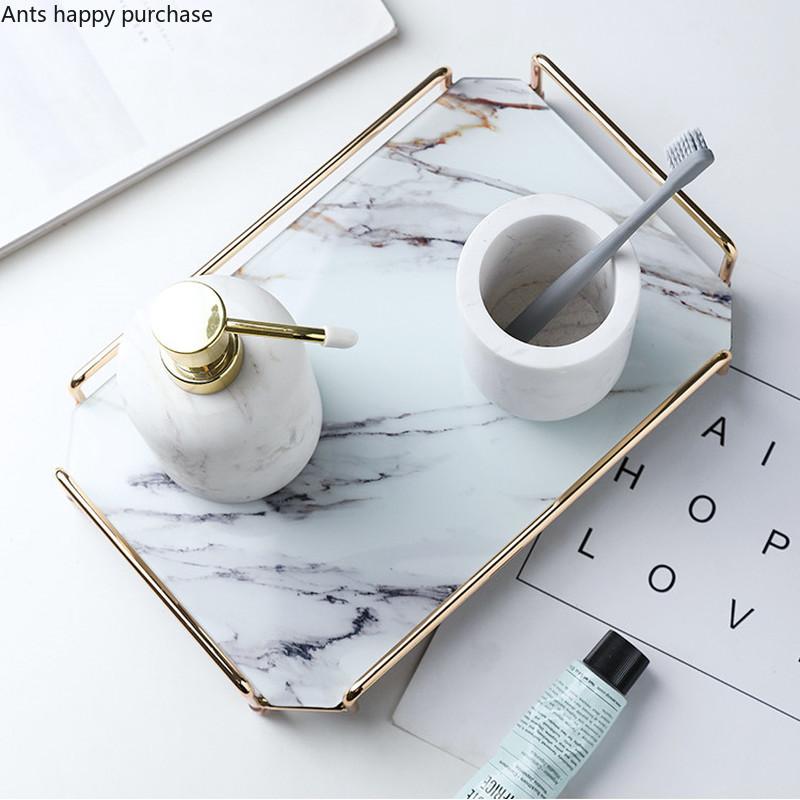 Nordische Marmorierung Aufbewahrungstablett Glas Dessertteller Rechteckig Lebensmittel Tee-Set Organisieren Platte Metallrahmen Griff Abnehmbares Tablett