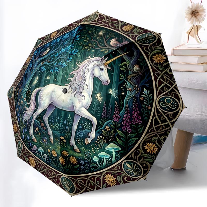 1pc Sturdy 8-Bone Auto Umbrella, Autumnal Forest Unicorn Umbrella, Digital Printed, Foldable Umbrella for On-the-Go Outdoor Use