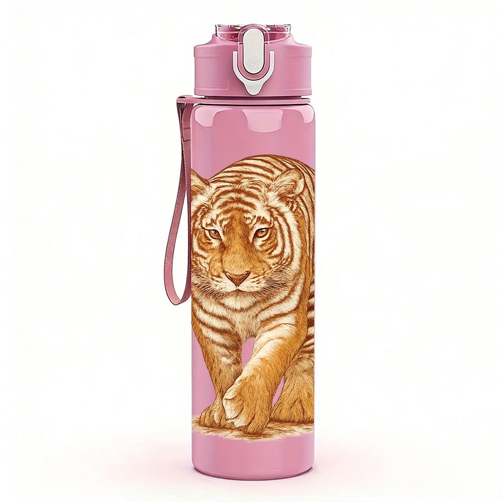 1PC Realistic Tiger Head Portrait Print 750ml Color Plastic Sports Water Bottle Leakproof Flip Straw Lid Suitable for Sports Office Home Use
