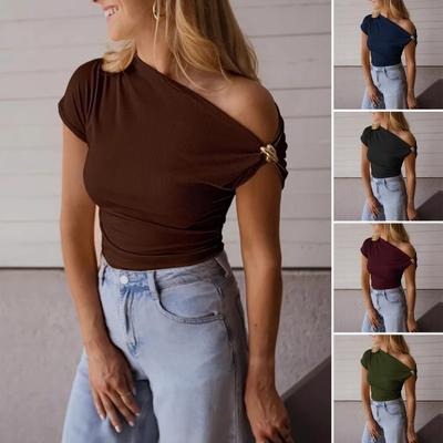 Women T-shirt Soft Stretchy Regular Fit Sloping Shoulder Short Sleeve Pullover Tops