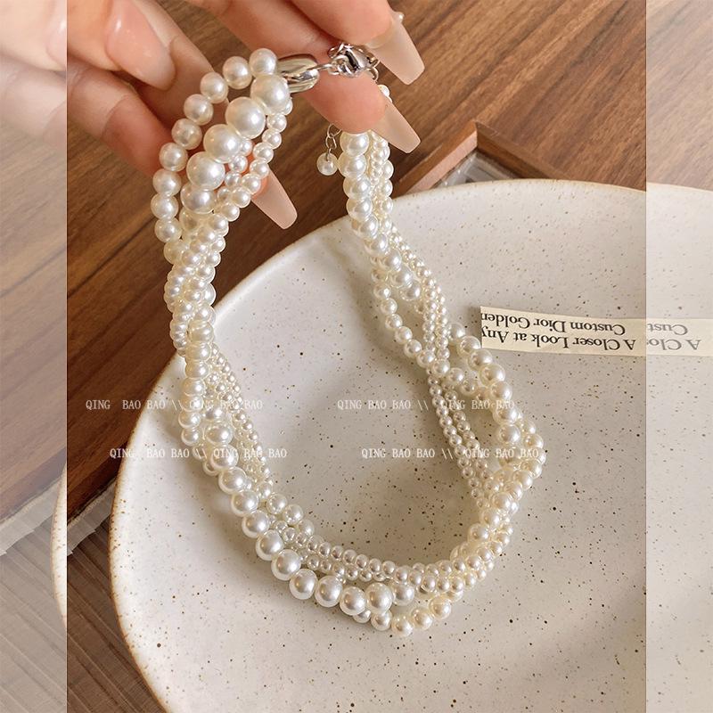 Twisted Layered Pearl Choker Necklace for Women - Elegant Korean Style Sweater Chain.