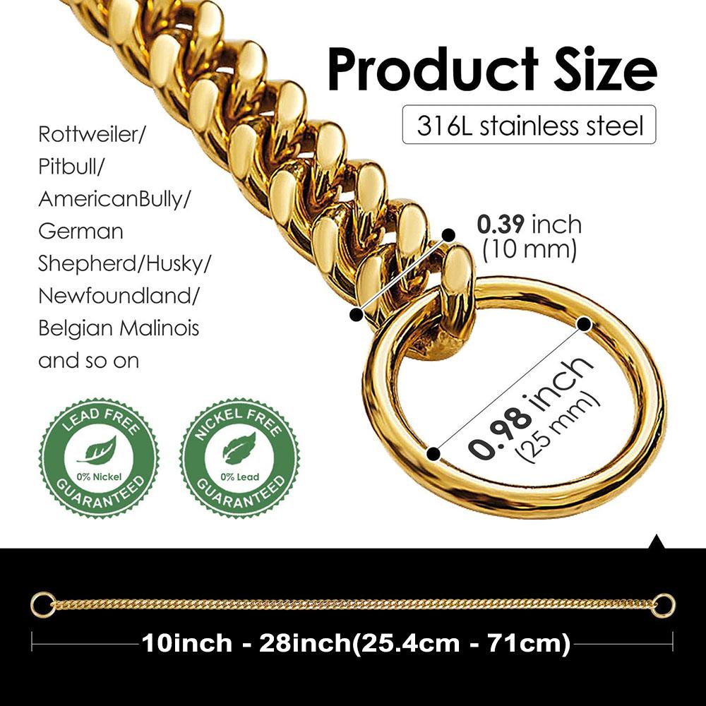 18K Gold Chain Dog Collar 10MM Cuban Link Chain Stainless Steel Metal Links Walking Training Collar designed for Small Medium Large Dogs