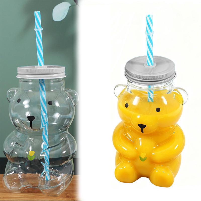 Bärchenbecher, Plastik-Honigbärchen-Trinkbecher mit Strohhalm, Plastikbecher mit Deckeln und Strohhalmen, Niedliche Tassen Bärchen-Trinklernbecher Kaffee Bier Wein
