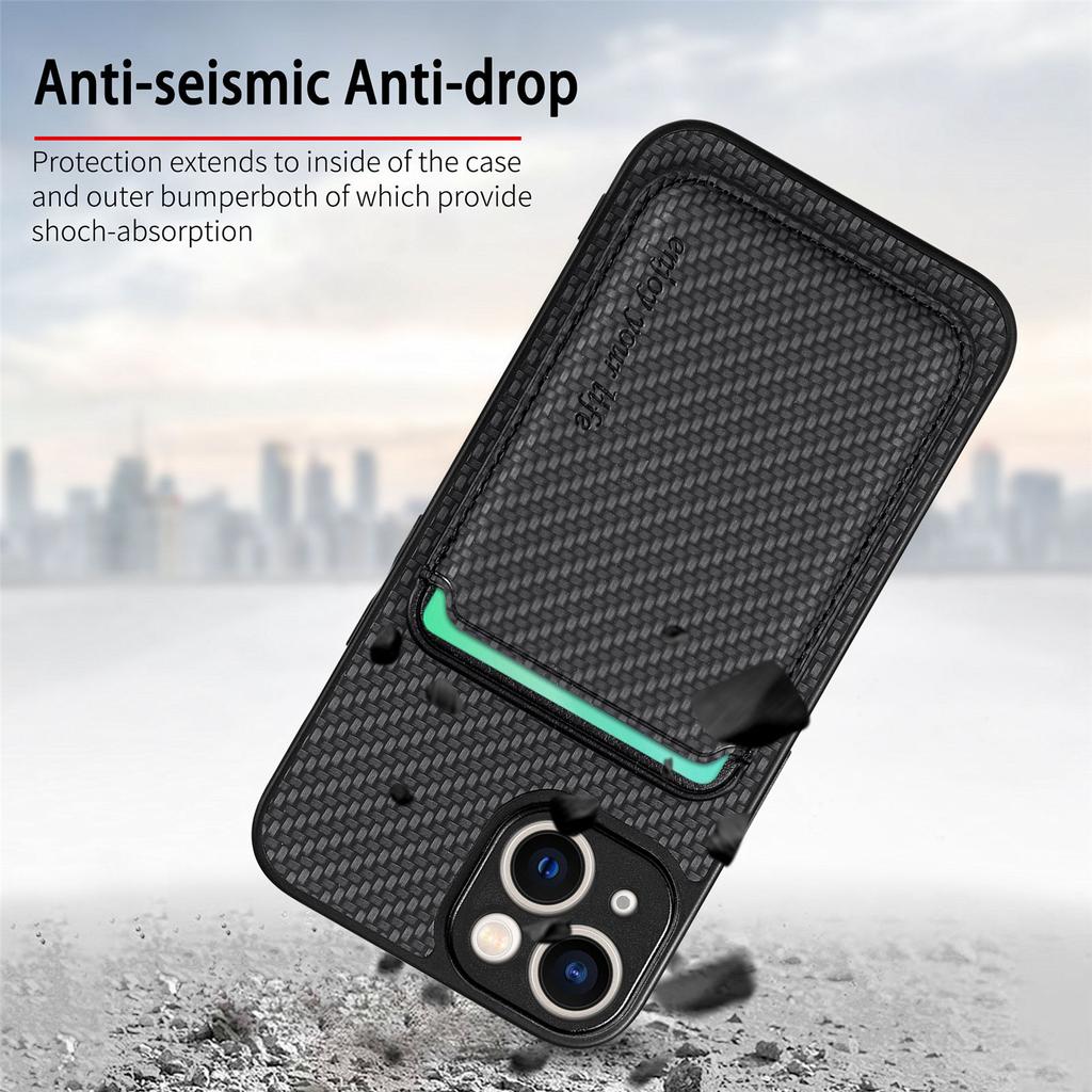 For iPhone 14 Detachable 2-in-1 Magnetic Card Holder Phone Case Carbon Fiber Texture PU Leather+TPU+PC Anti-drop Protective Cover