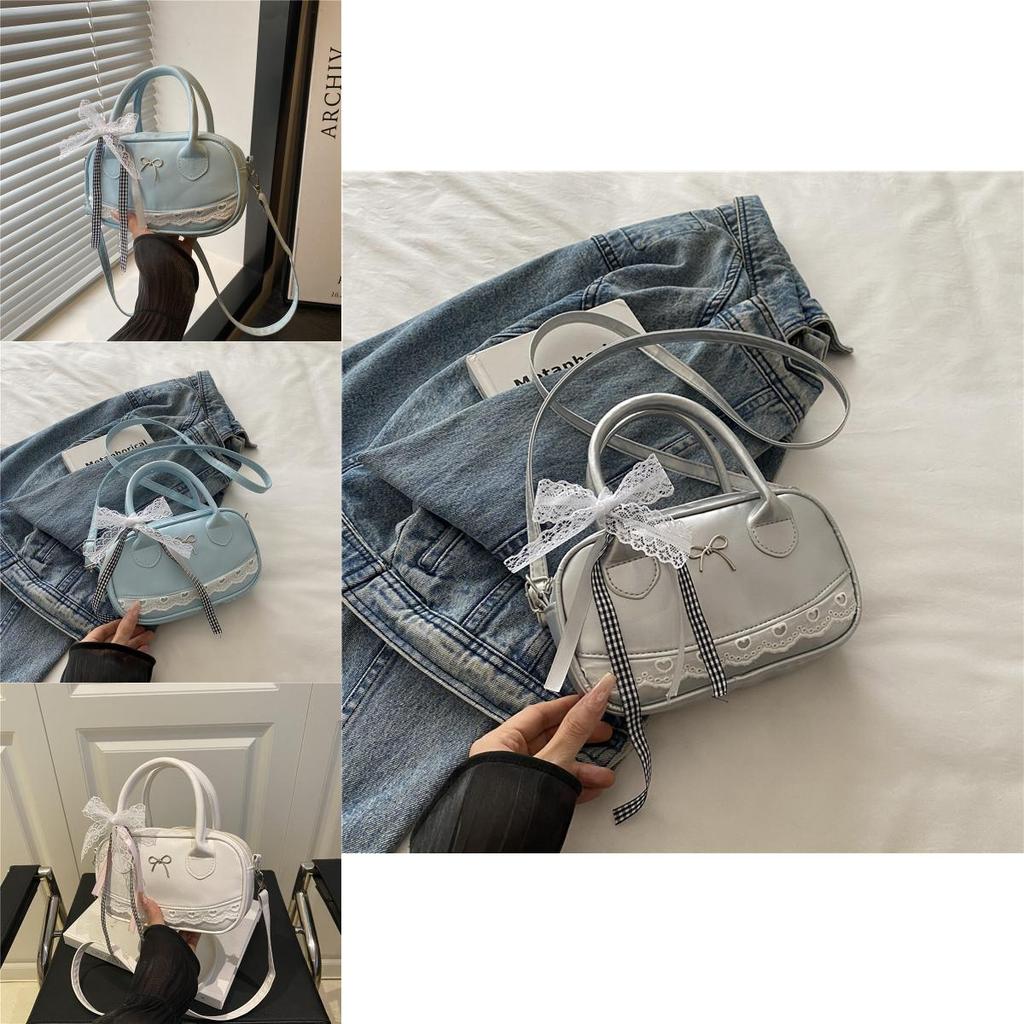 Simple Solid Color Silver Bow And Lace Decoration Women Casual Shoulder Bag For Daily Use