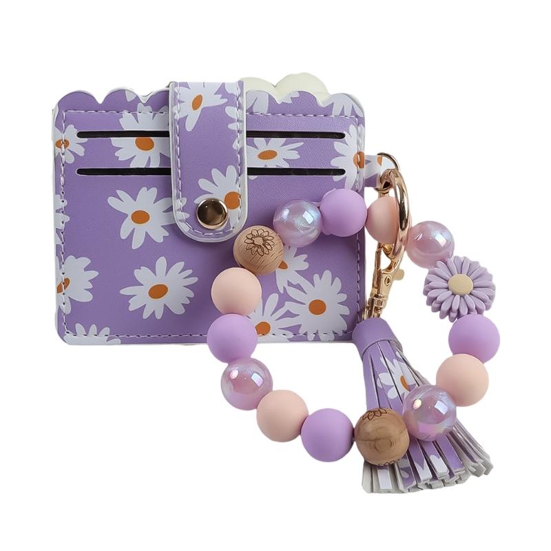 Cute Daisy Print Beaded Keychain Bracelet Friendly PU Leather Accessory for Women Girls фиолетовый