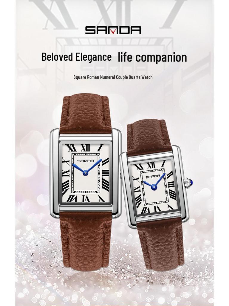 Montre à Quartz pour Femme Sanda, Petit Cadran, Chiffres Romains, Mode Étanche Rectangulaire, Design Couple.