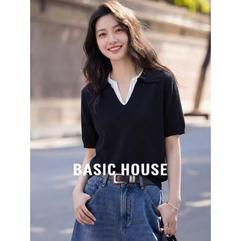 Basic House Women s Faux Two-Piece Polo Knit Top S