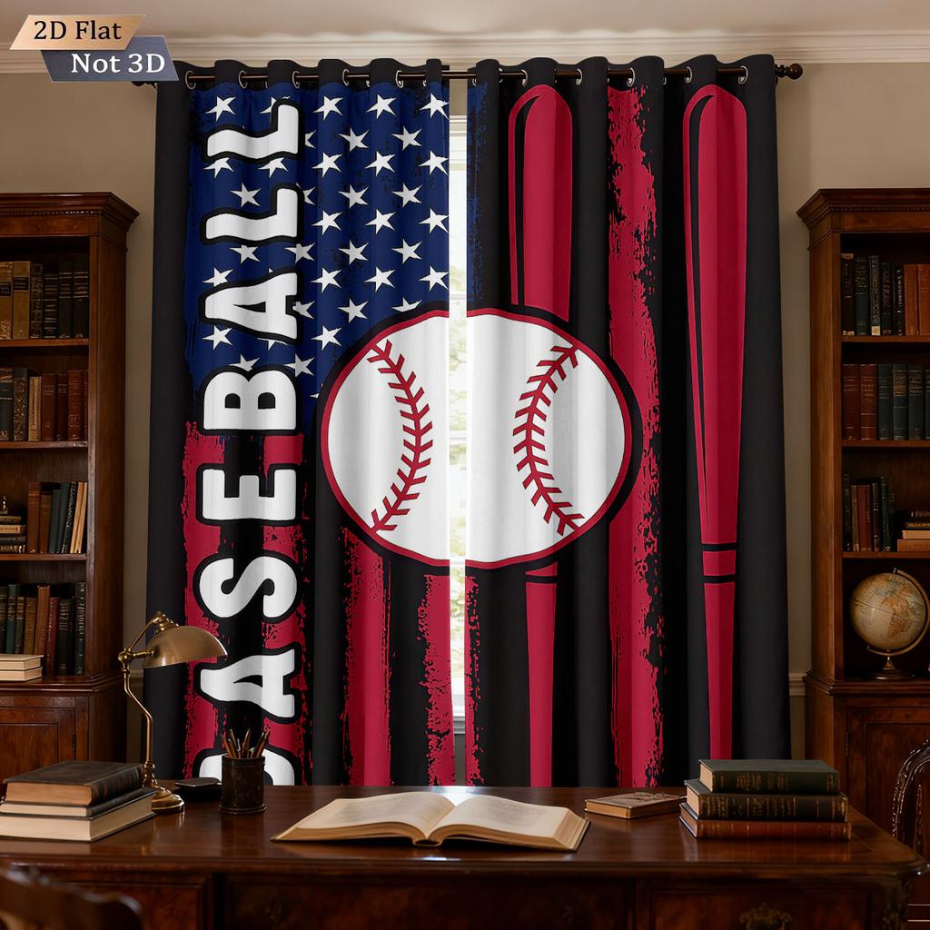 2pcs Baseball Print Perforated Blackout Curtains Multiple Sizes Living Room and Bedroom Insulation Decoration Easy Installation