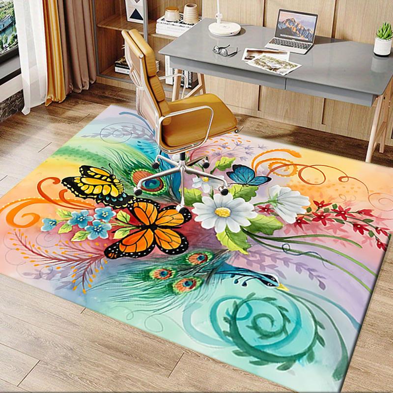 Colorful Butterfly and Flower Chair Mat Office Carpet, Oversized Rug for Home Decor, Suitable for Bedroom, Living Room, Various Rooms
