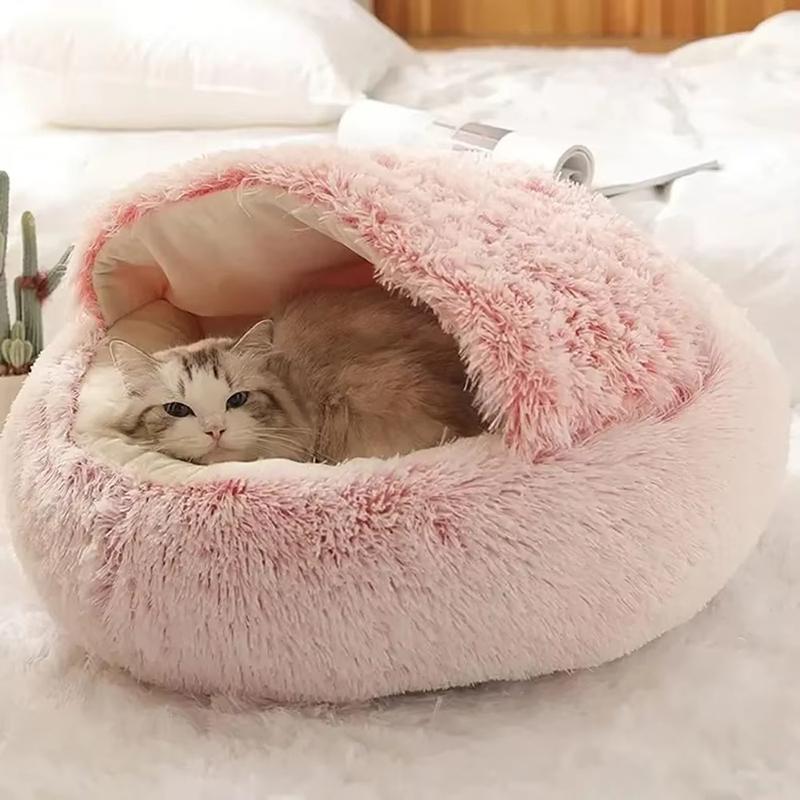 2 in 1 Soft Long Plush Pet Bed with Cover Semi-enclosed Round Warm Comfortable Dog Cat Sleep Nest Kitten Supplies