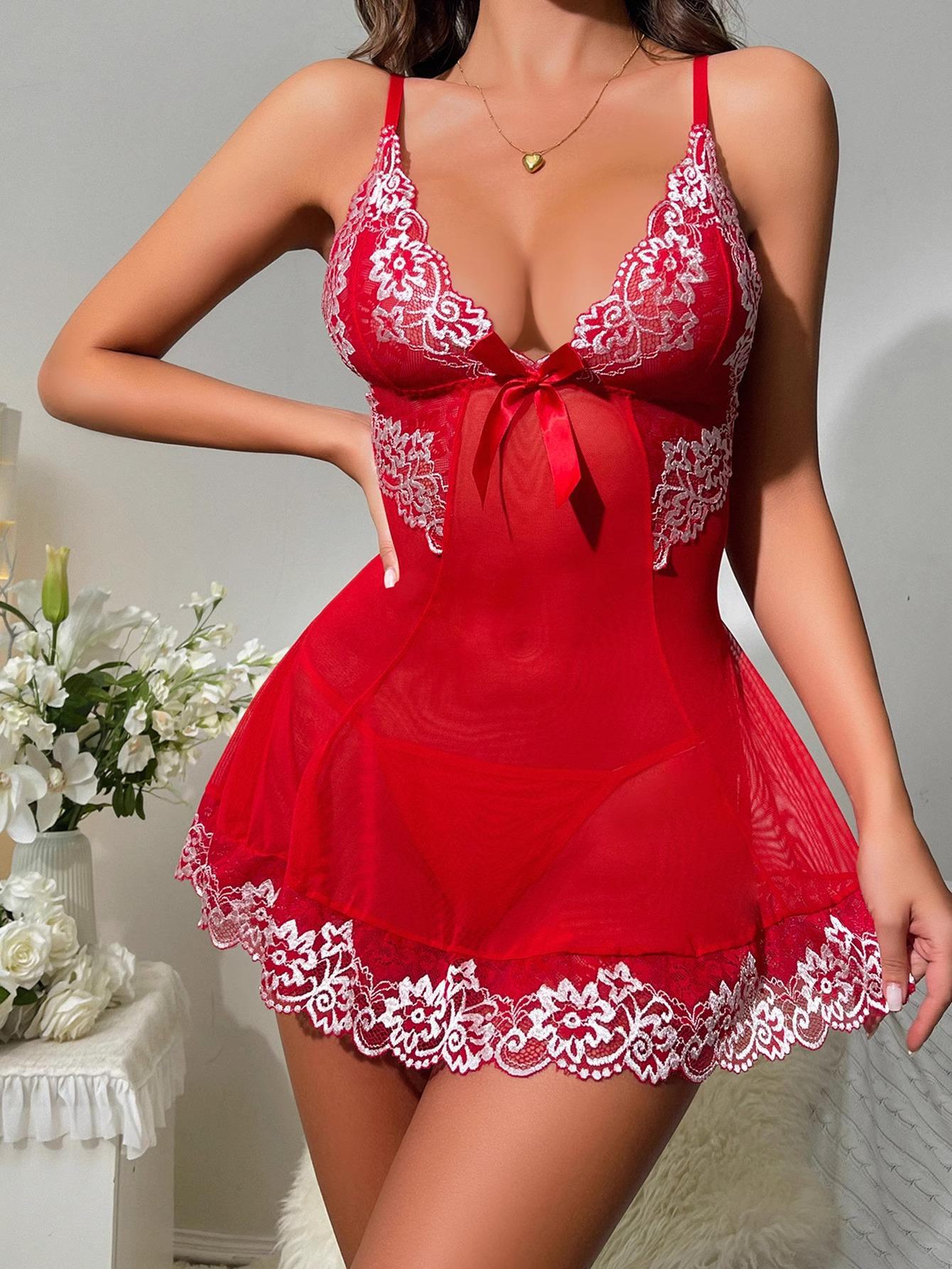 

Европейско-американское кружевное сетчатое нижнее белье с бантом, ночная рубашка, пижама