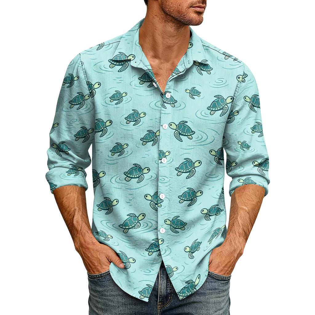 Men's Hawaiian Loose Fit Long Sleeve Shirt with Classic Collar Vintage Casual Button Down Shirt Suitable for Spring and Autumn Wear