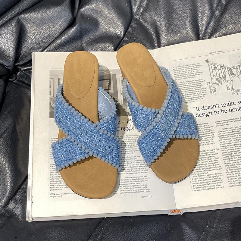 One-pedal Flat-bottomed Sandals Women's New Summer Outer Wear Casual Vacation Style Versatile Cross with Cool Slippers Tide