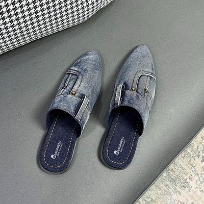 Chinelos Envoltos em Jeans Outono Novo Bico Fino Boca Profunda Rebite Solado Macio Antiderrapante Resistente ao Desgaste Rasteirinhas