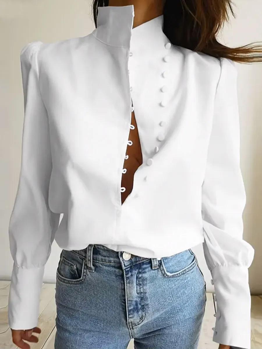 

Fashionable Women s Irregular Solid Color V-neck Sexy Buttoned Long-sleeved Women s Shirt L белый