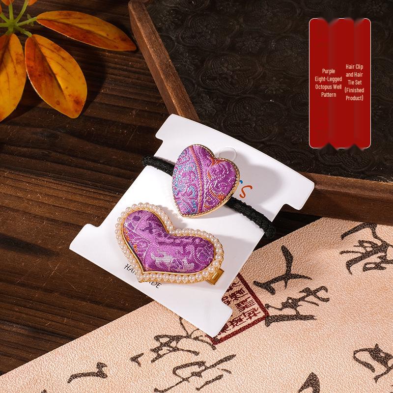 Chinese Song Brocade Hair Clip and Tie Set - Intangible Cultural Heritage Gift for Mother's Day or Salons
