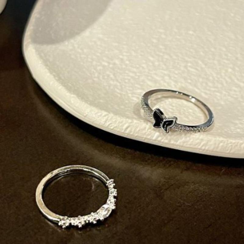 Shiny Cute Crystal Butterfly Zircon Rings for Women 2PCS Korean Minimalist Wedding Ring Silver Color Ring Jewelry