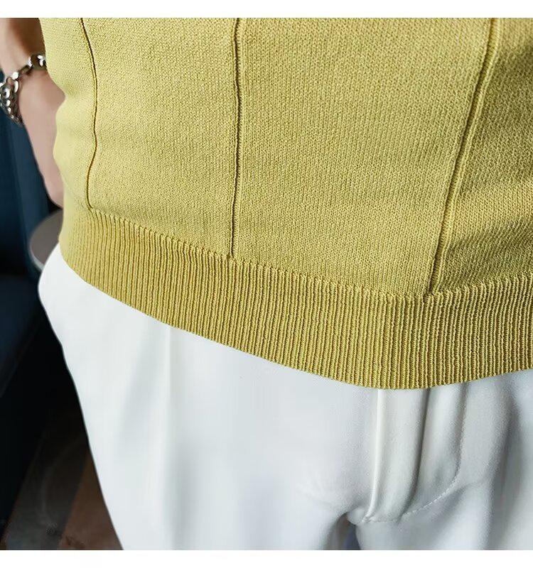 Men's Summer Striped Knit Polo Shirt – Short Sleeve, Slim Fit, V-Collar, Business Casual