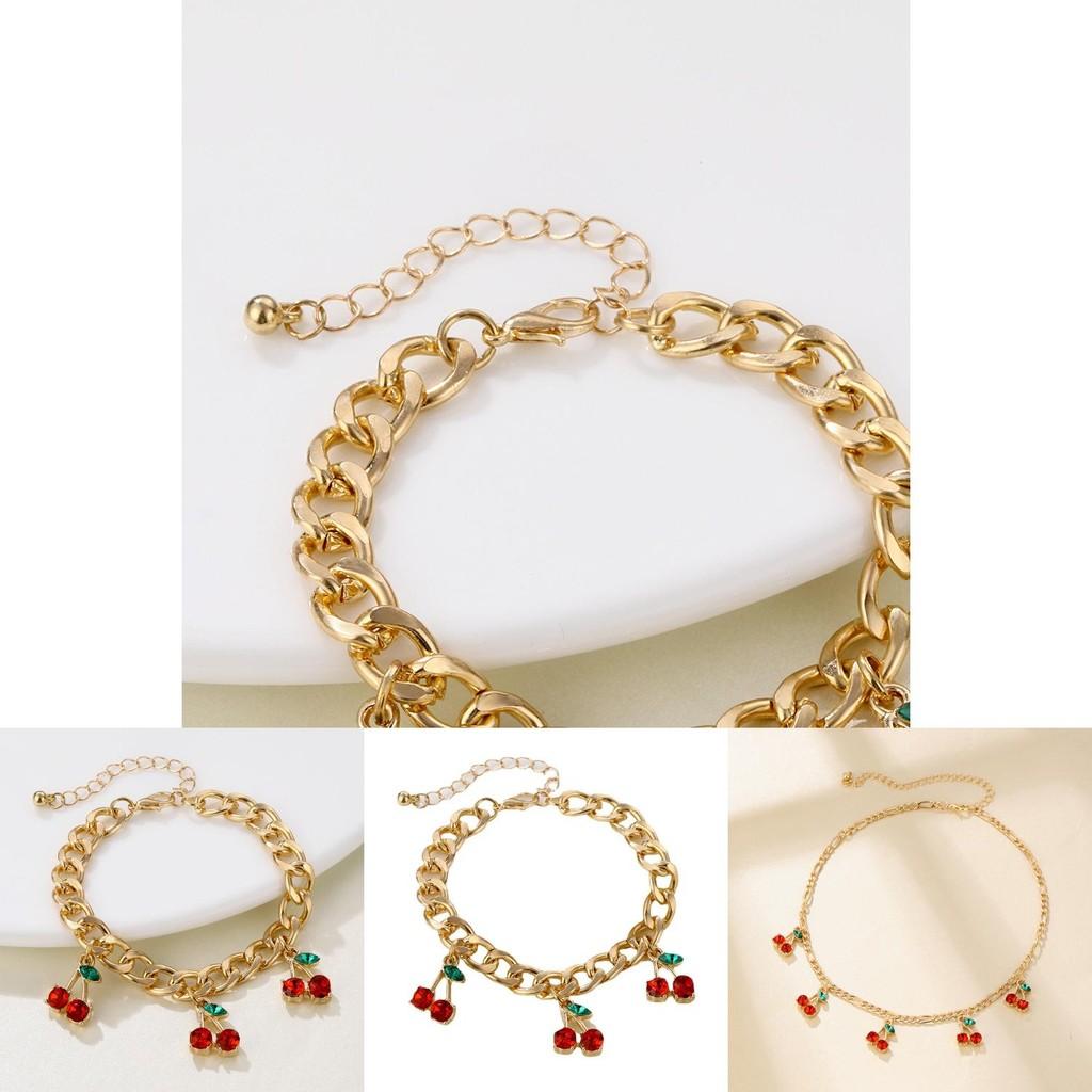 Creative Fashionable Red Cherry Necklace And Bracelet Set With Stunning Rhinestones