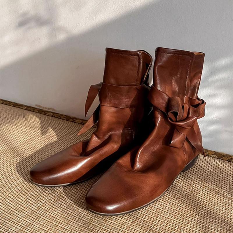 

Модные женские ботильоны из мягкой кожи на шнуровке на осень-зиму, удобные на плоской подошве, короткие ботильоны, модные ботинки Челси с бантом, обувь Botas 40 коричневый