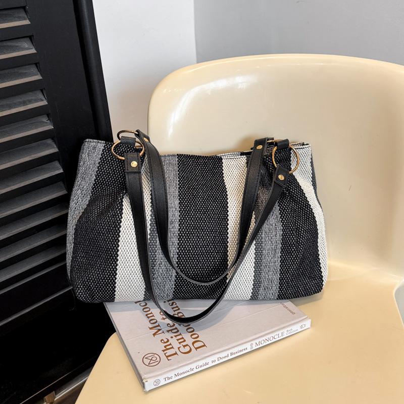 Large-capacity Shoulder Bag, New Simple Vertical Striped Casual Tote Bag, Fashionable Contrasting Color Handbag
