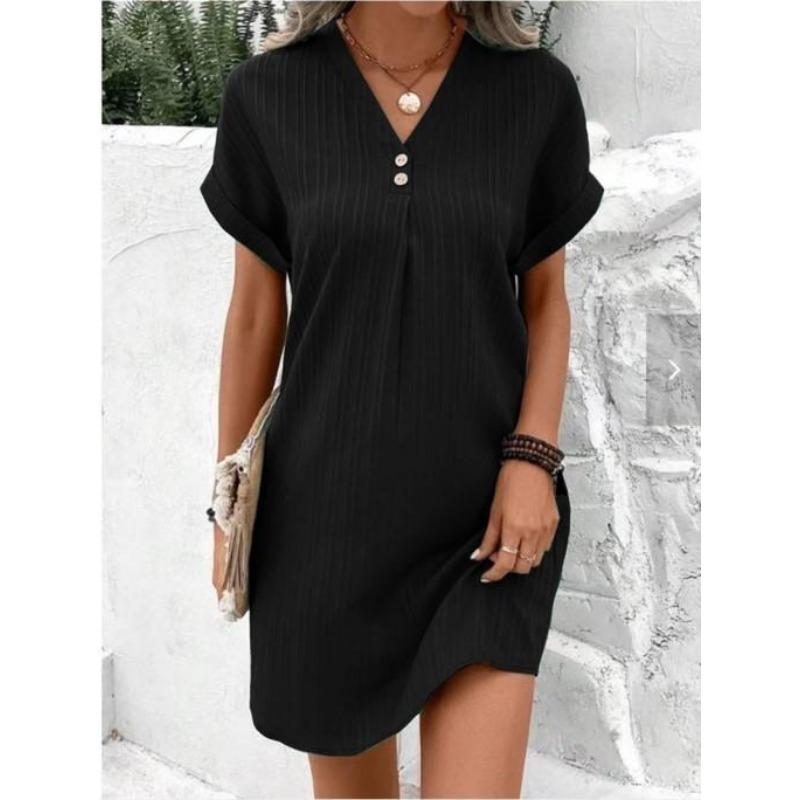 V-neck Solid Color Pullover Comfortable Casual Button Up Dress
