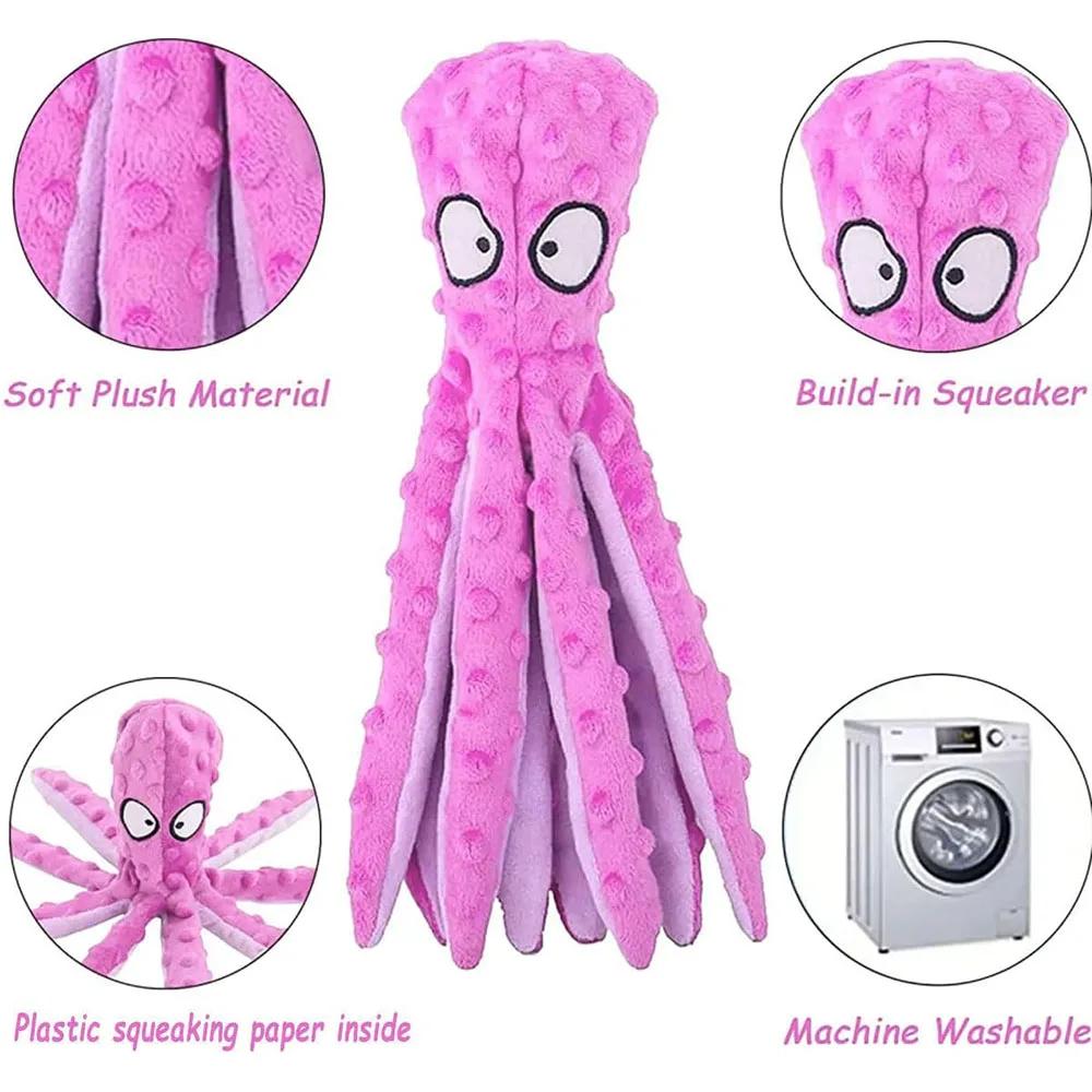 Nice Octopus Dog Chew Toys No Stuffing Plush Dog Squeaky Toy with Crinkle Paper in Legs Corduroy Interactive Dog Teeth Cleaning Toy