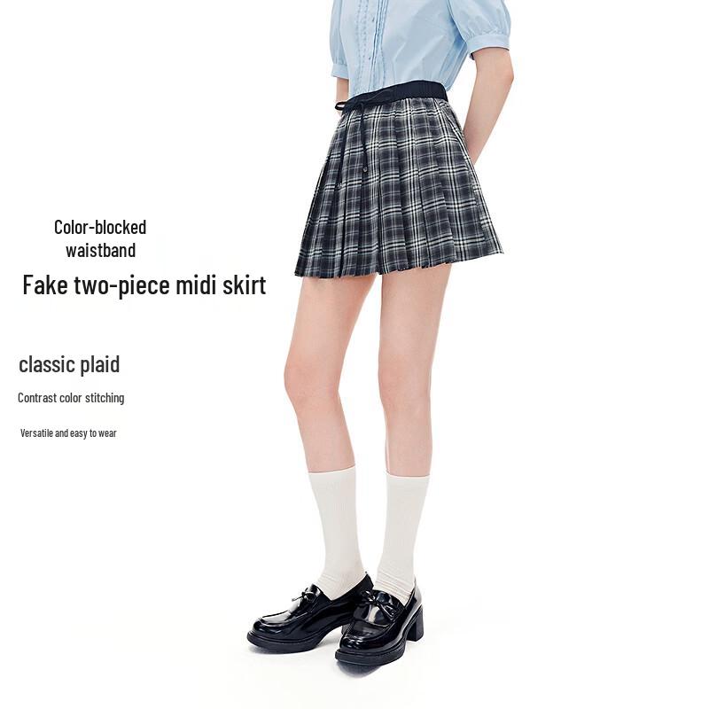 

Leding Contrast Waist Faux Two-piece Plaid A-line Skirt XS