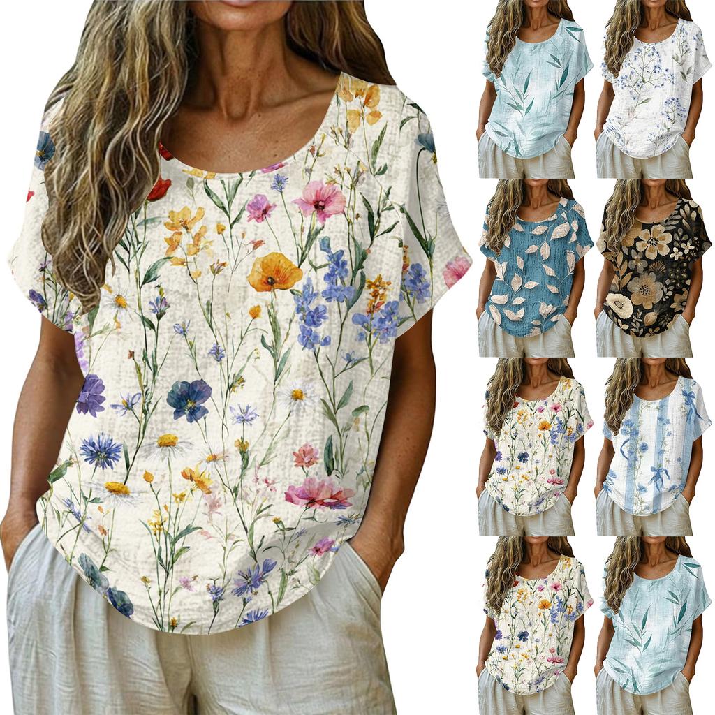 Women's Retro Print Round Neck Short Sleeve T-Shirt - Cotton Linen Tee, Casual Summer Top, Soft and Breathable, S-XXL