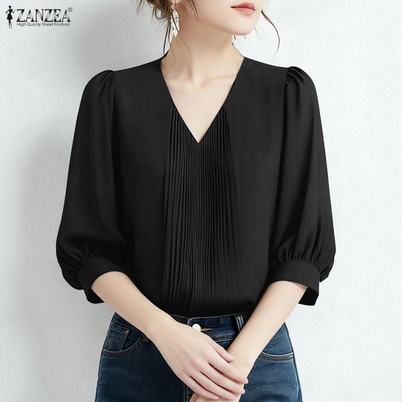 ZANZEA Women Elegant V-Neck Solid Color Casual Short Sleeve Blouse S чёрный